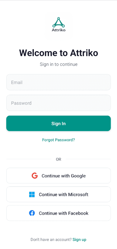 Attriko app sign-in screen