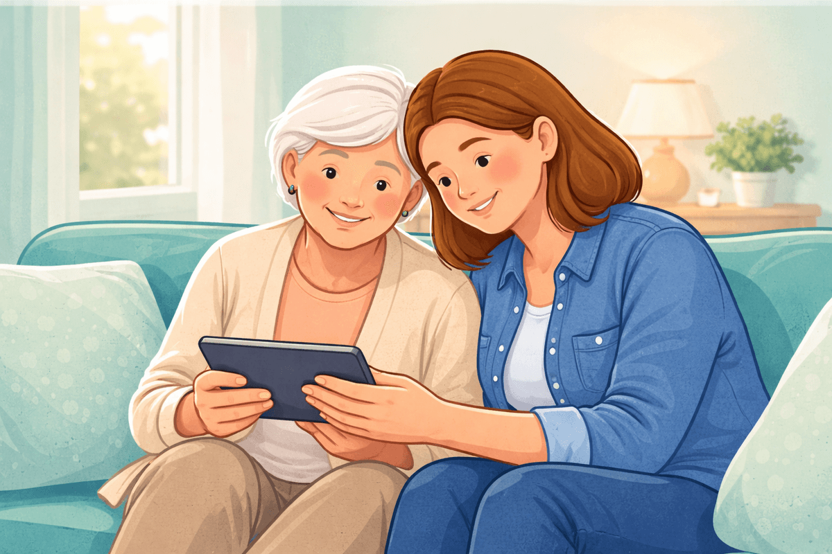 An adult daughter on her phone, knowing her parent's morning is in hand